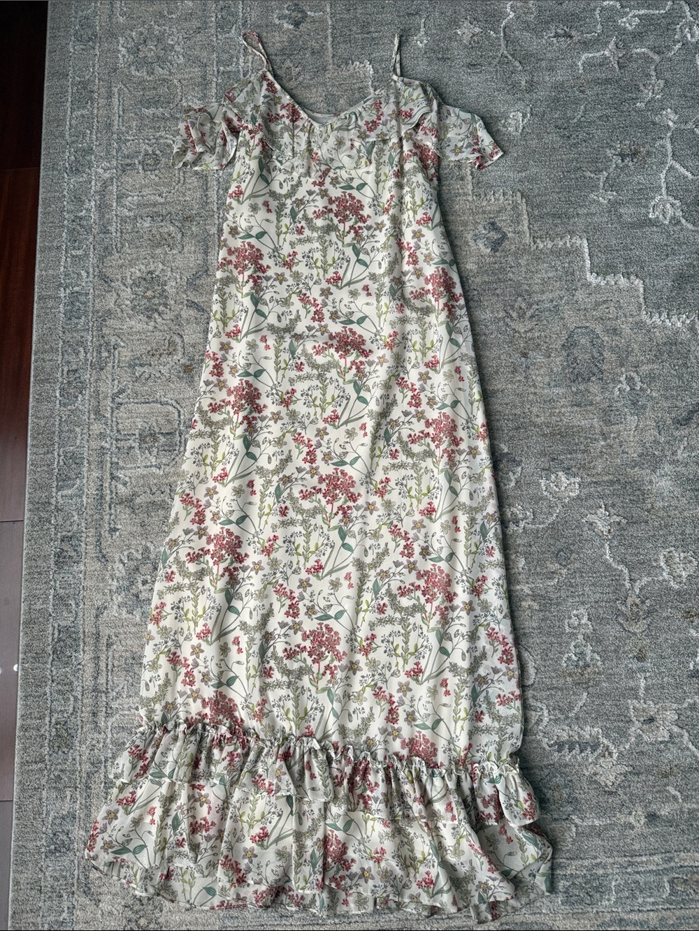 Max Studio Floral Ruffle-Hem Maxi Dress in Cream and Dusty Rose